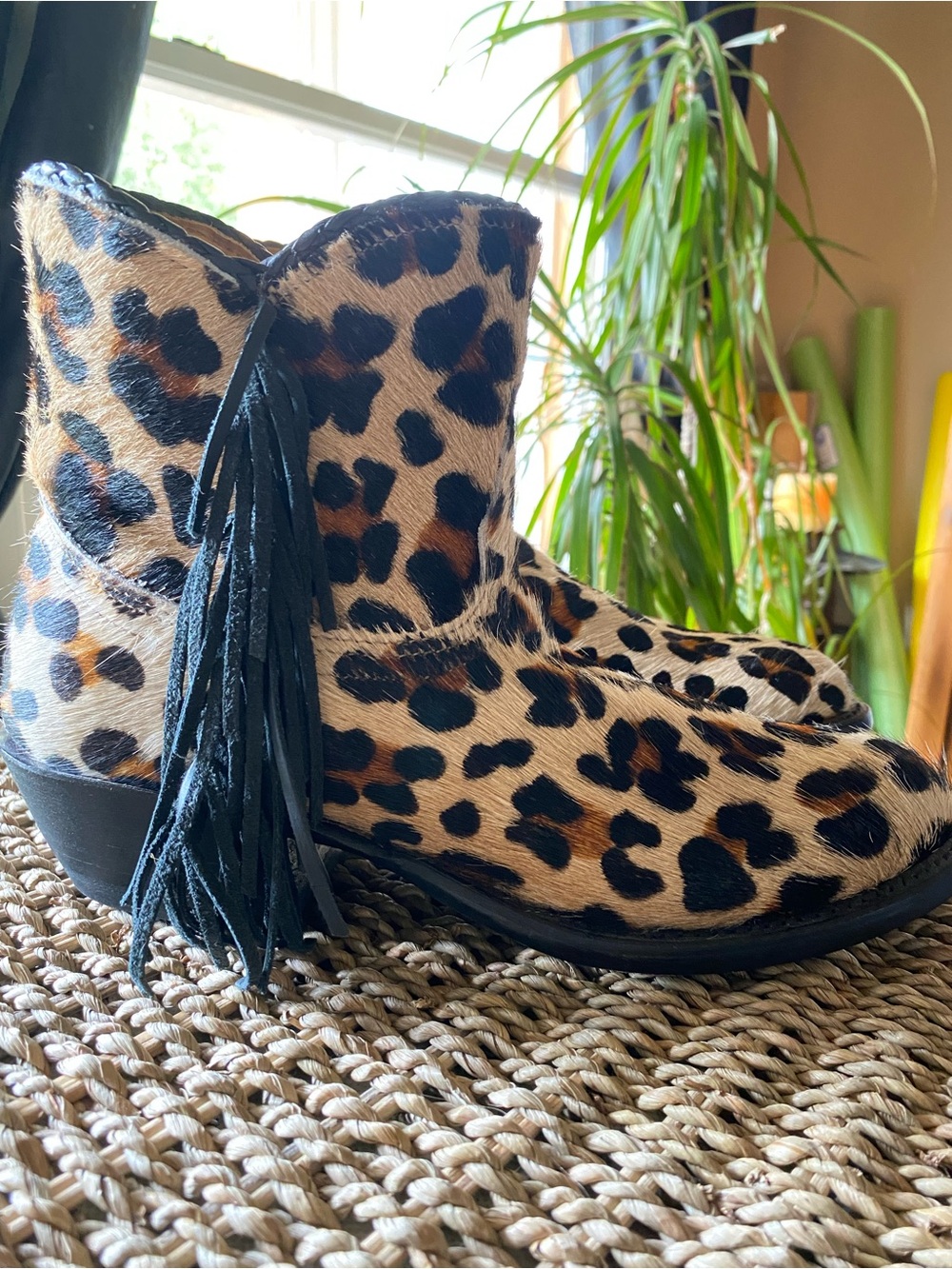 Leopard Print Fringe Ankle Booties in Tan & Black